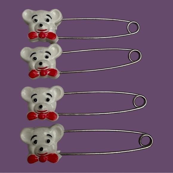 Gerber Other - Set of 4 Vintage Bear Diaper Pins White Bears Red Bow Ties Nursery Retro Baby